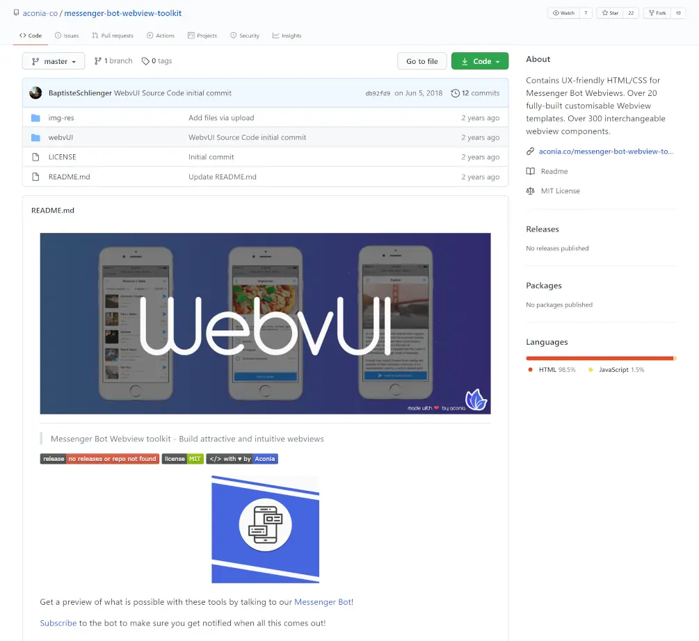 A screenshot of the GitHub repository for aconia webviews